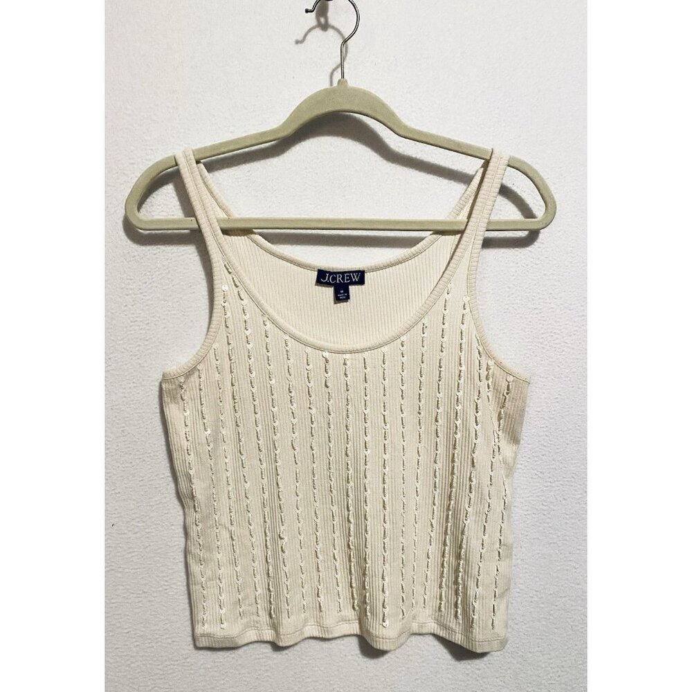 J Crew Tank Top Womens Medium Ivory Embellished Vintage Ribbed Festival 70s